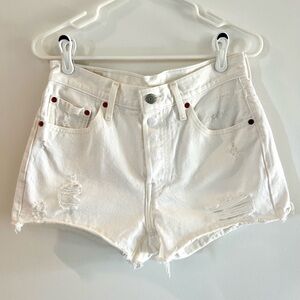 Levi’s 501 White High Rise Distressed Denim Shorts Raw Hem